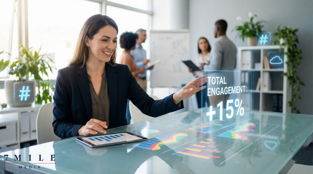 Business leader analyzing KPI-driven marketing data with a team in a modern workspace