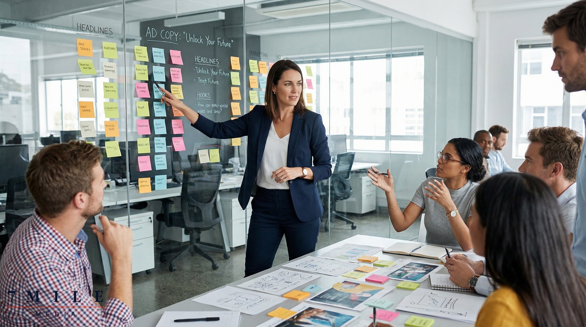 Professional woman planning creative ad copy on a glass board with colleagues brainstorming in a digital marketing workspace.