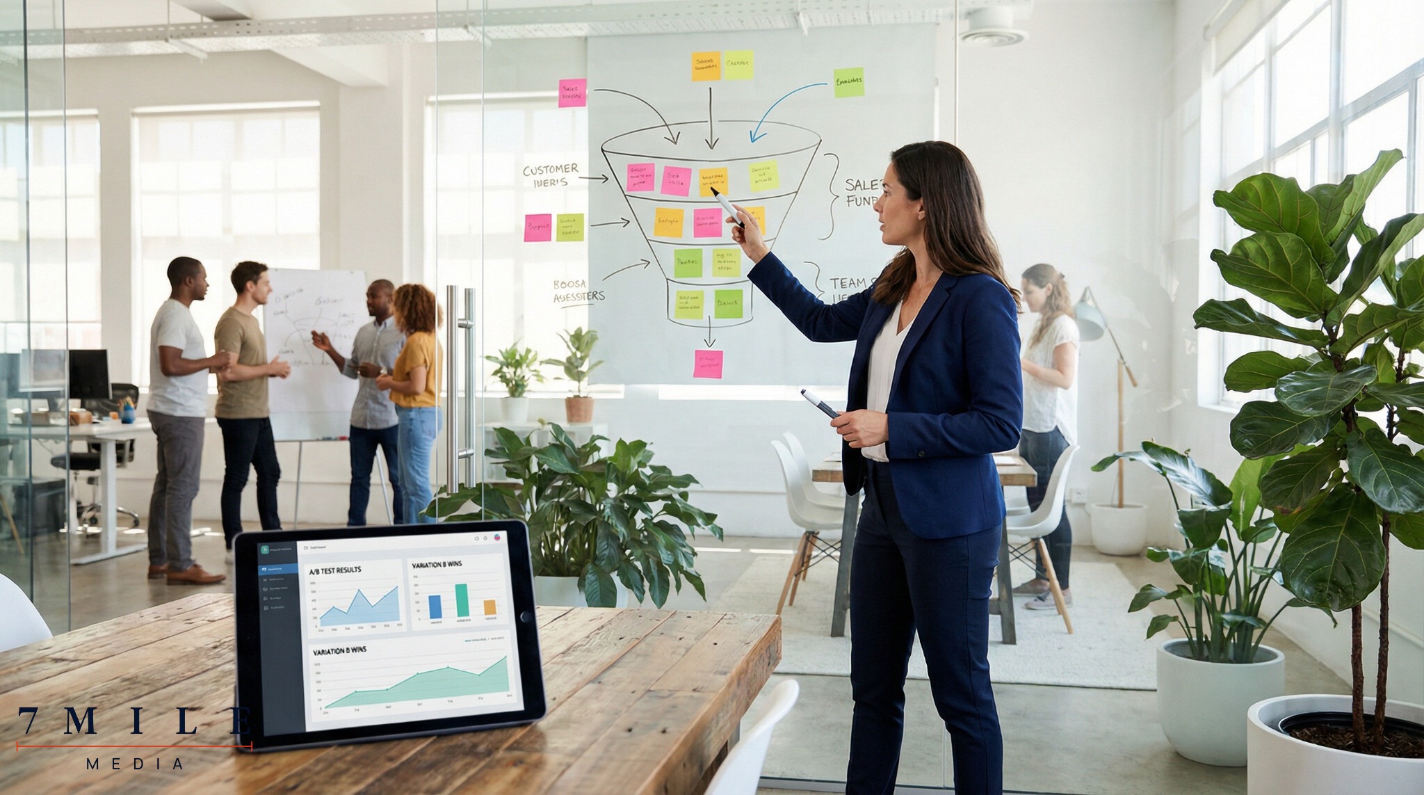 Businesswoman in creative workspace presenting funnel optimization techniques on a glass board with analytics charts and tablet dashboard