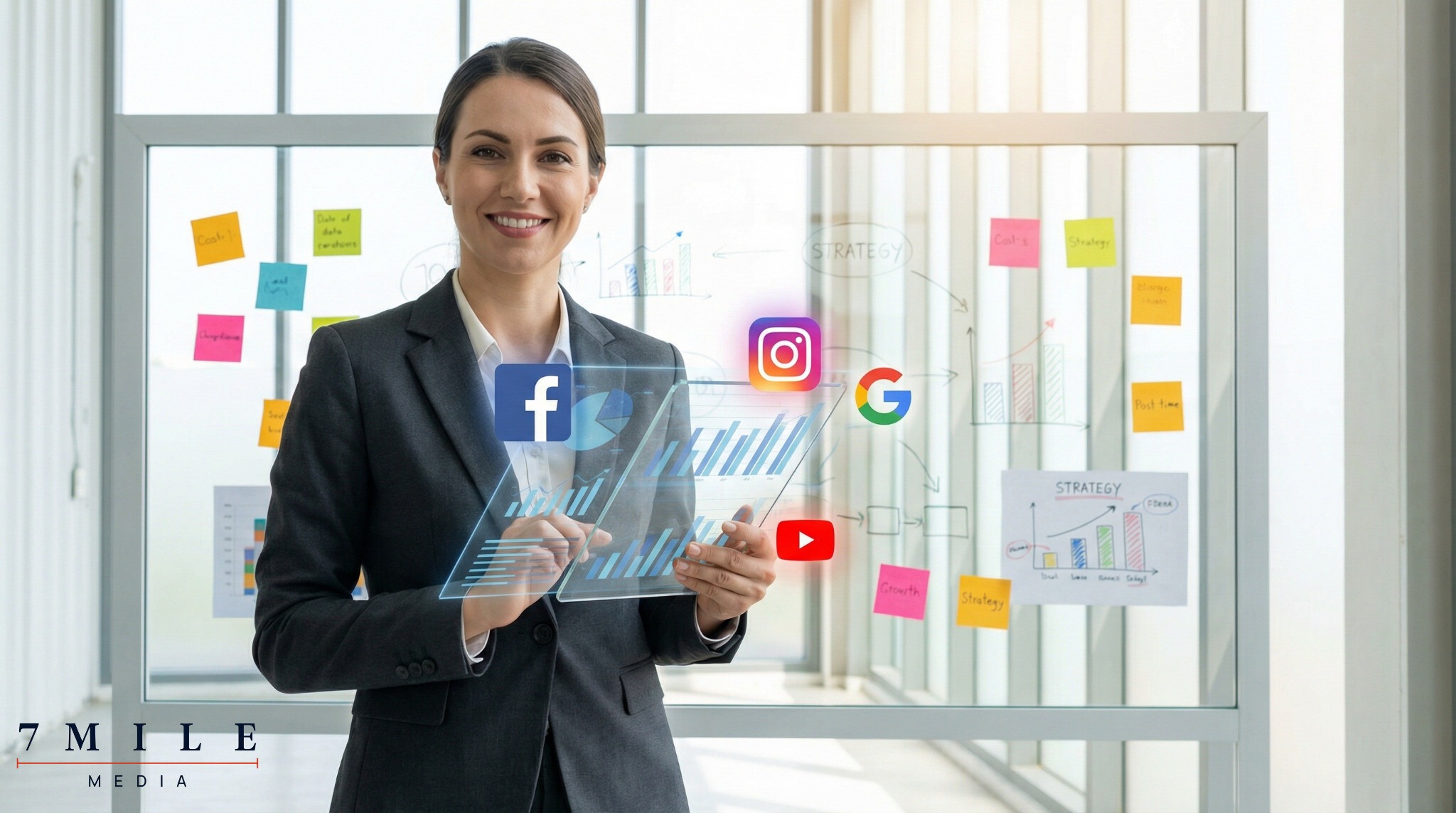 Professional woman in office holding digital tablet with multi-channel marketing ROI charts, symbolizing tracking and measuring marketing ROI for social platforms.
