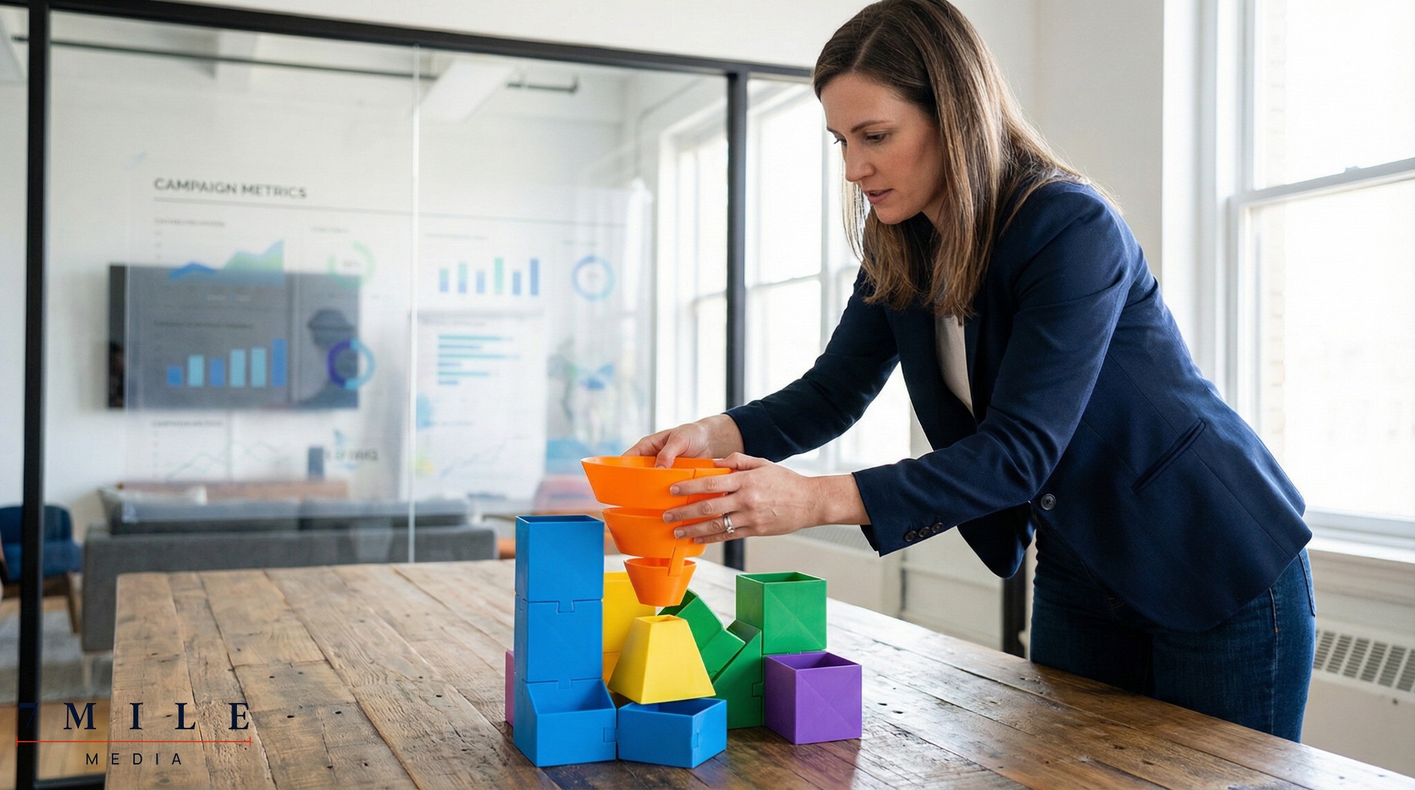 Businesswoman arranging 3D sales funnel shapes in a creative workspace, symbolizing data-driven funnel design.