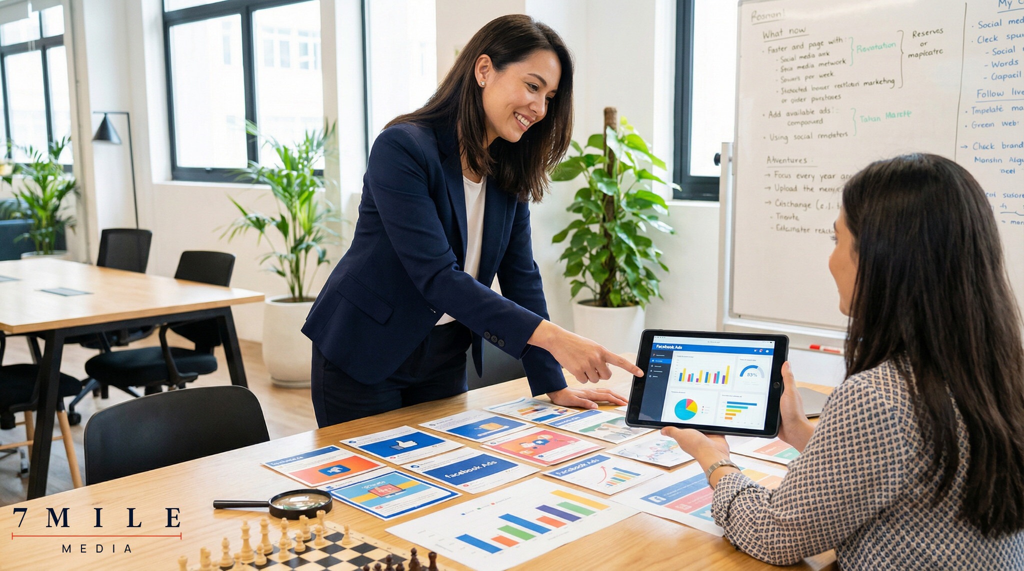 Marketing professionals in business attire review Facebook campaign strategy materials in a creative workspace, focusing on low CPC ad optimization.