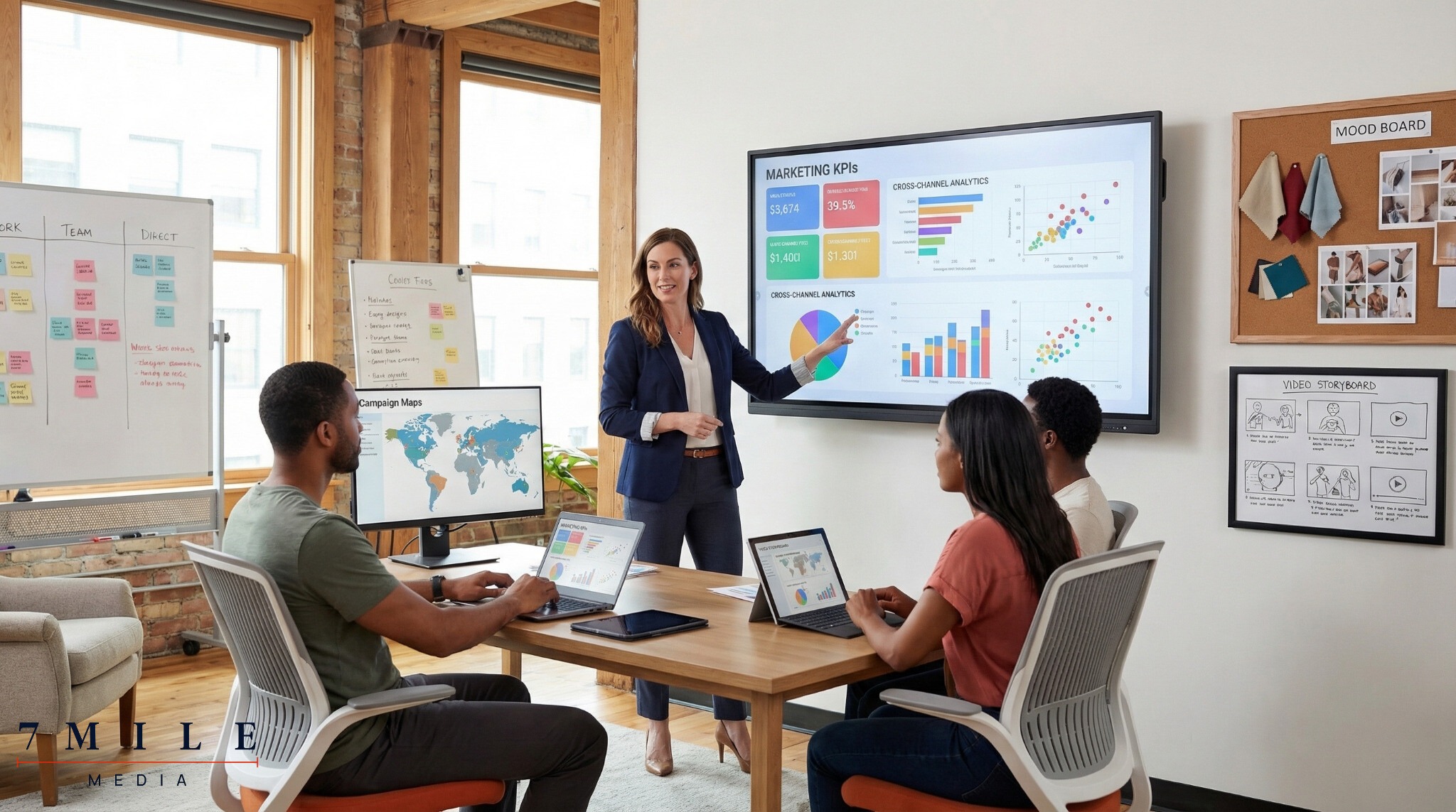 Businesswoman presenting KPI-driven marketing results in a modern workspace with digital analytics displays and a creative team.