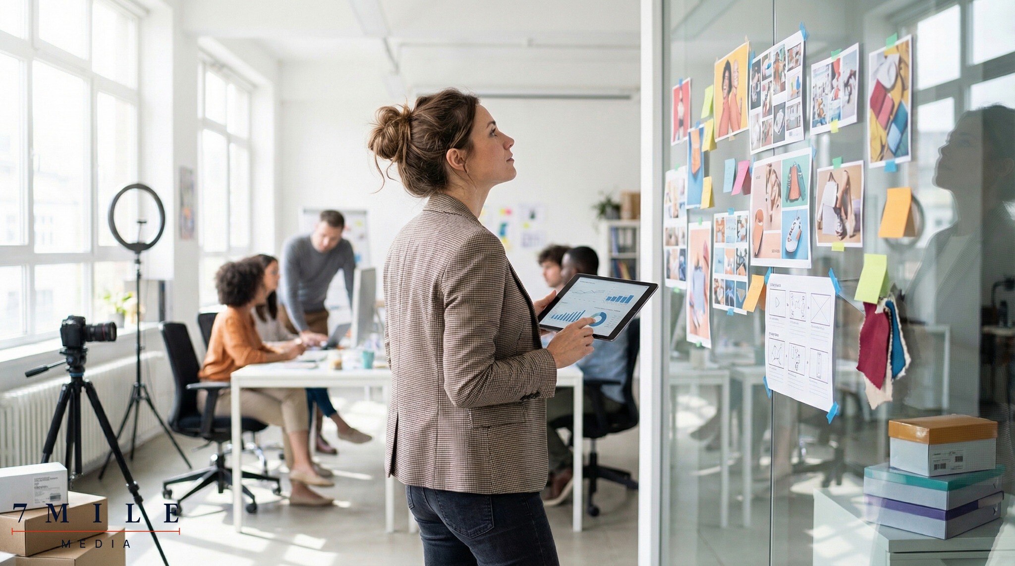 Businesswoman analyzing diverse marketing assets and campaign analytics in a creative workspace, symbolizing data-driven campaign scaling.