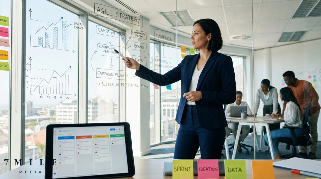 Businesswoman in a modern marketing workspace analyzing data charts and campaign strategies for digital marketing success