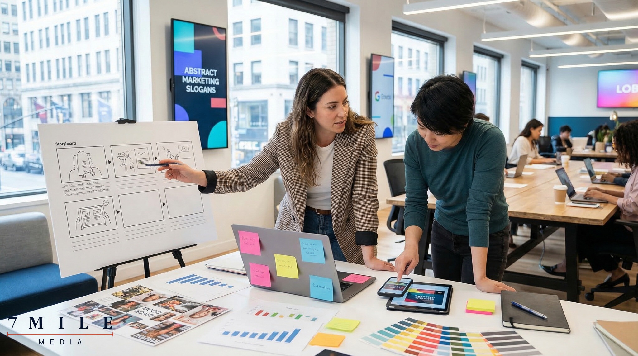 Businesswoman strategizing direct response advertising campaigns at a creative workspace, surrounded by campaign boards and digital devices.