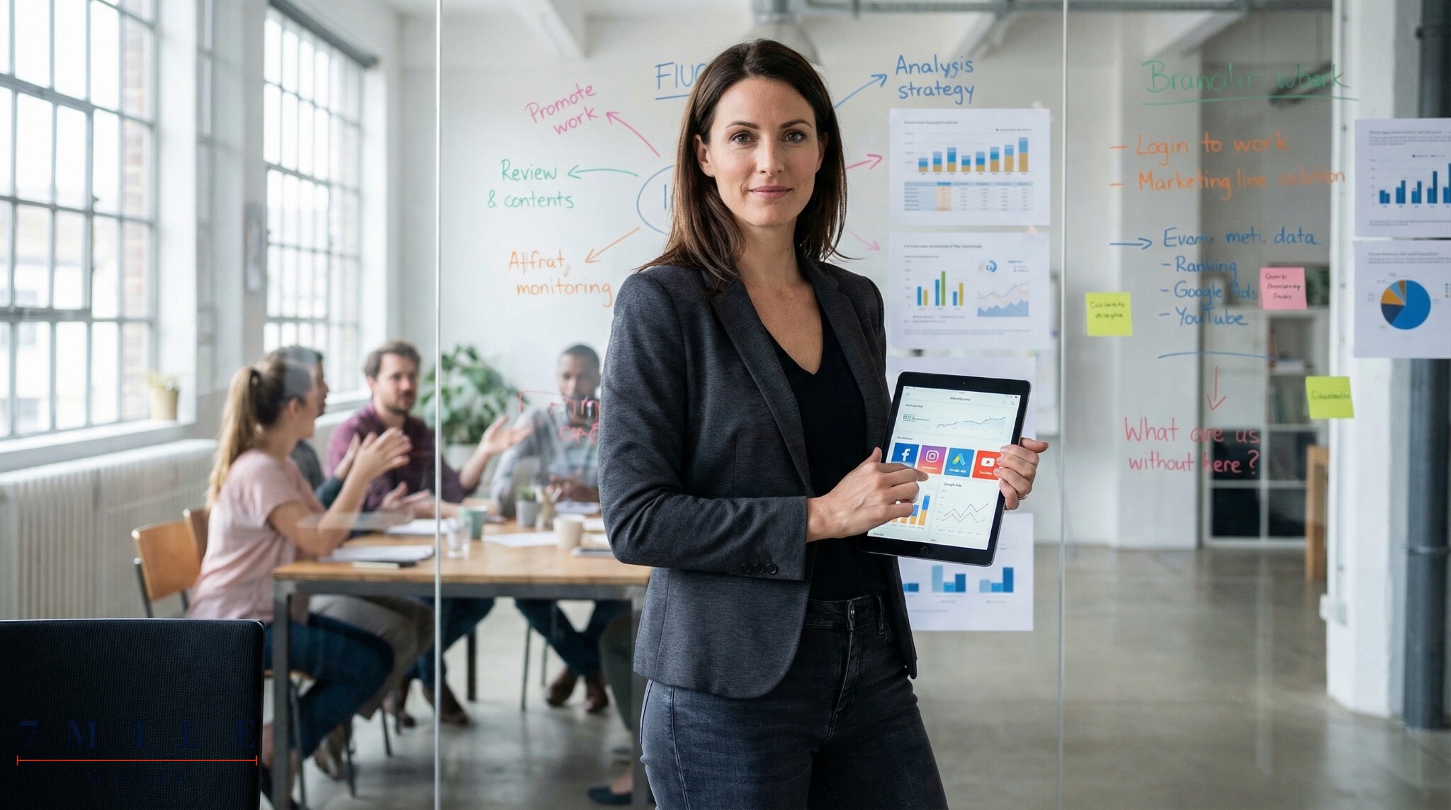 Businesswoman analyzing marketing data and KPIs on a tablet, in a modern workspace with campaign charts for Facebook, Instagram, Google, and YouTube.