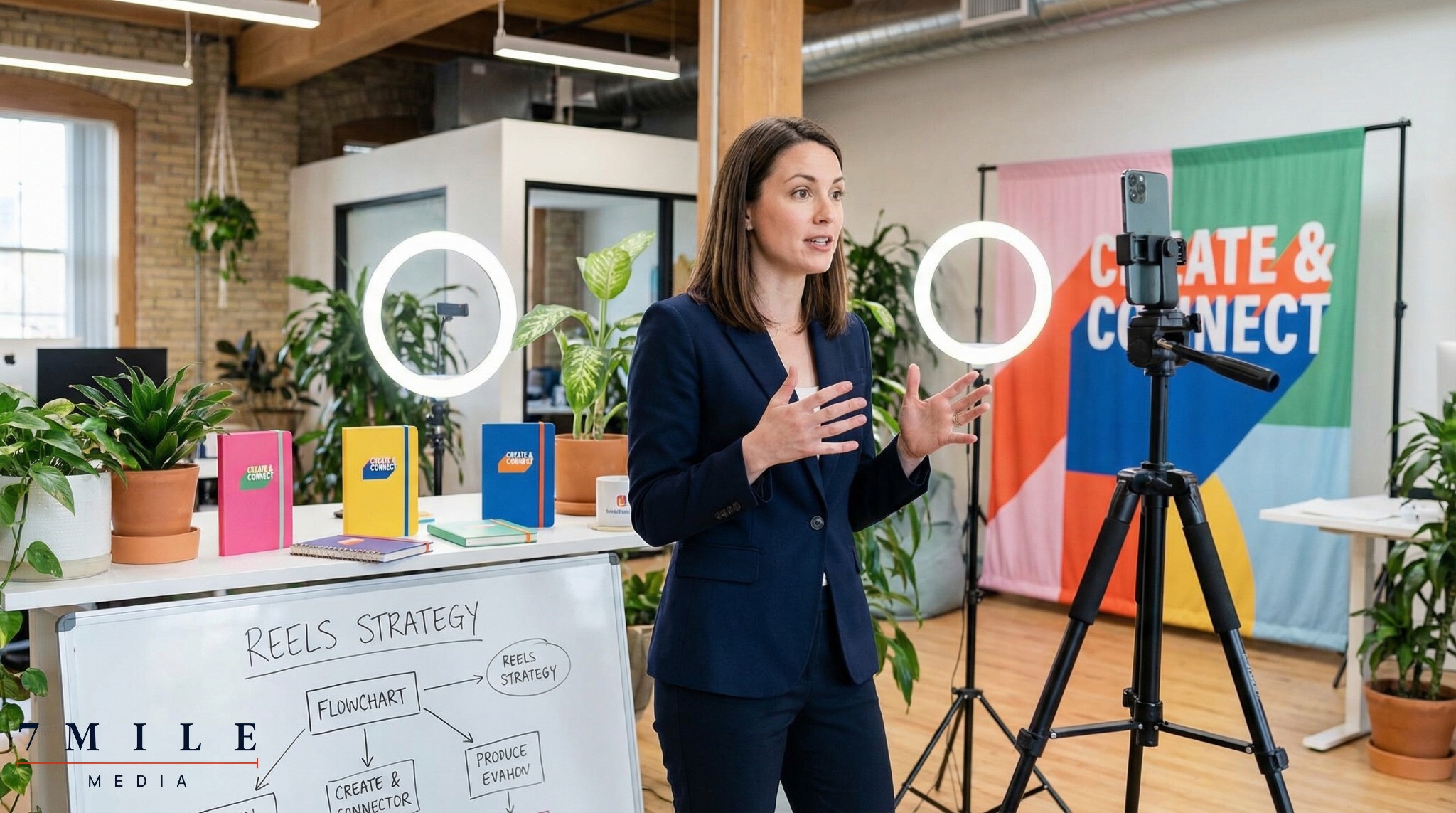 Businesswoman creating engaging Instagram Reels in a creative workspace, demonstrating authentic content creation for business marketing