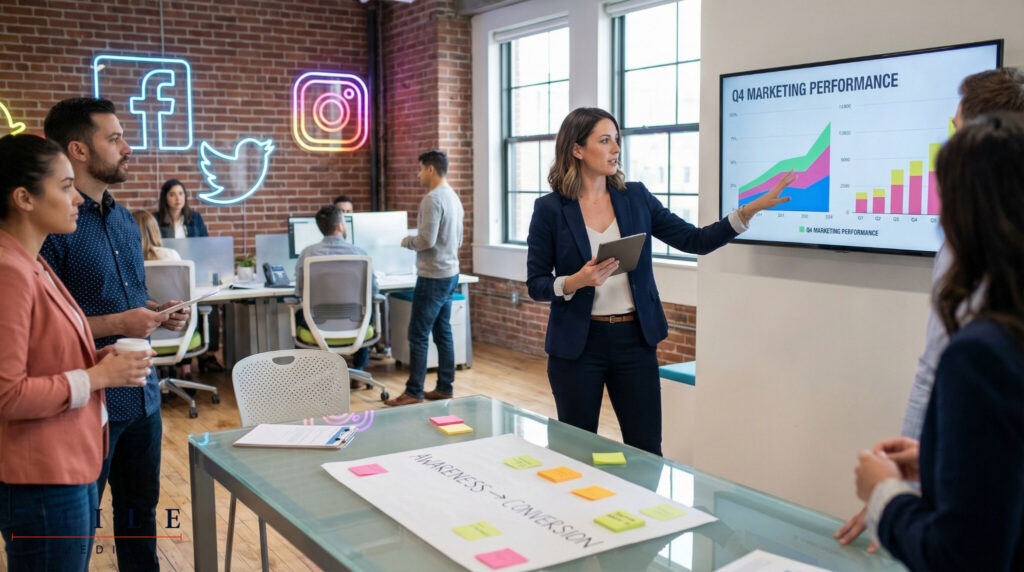Businesswoman collaborating on a data-driven marketing strategy in a modern workspace, surrounded by digital and creative marketing elements.