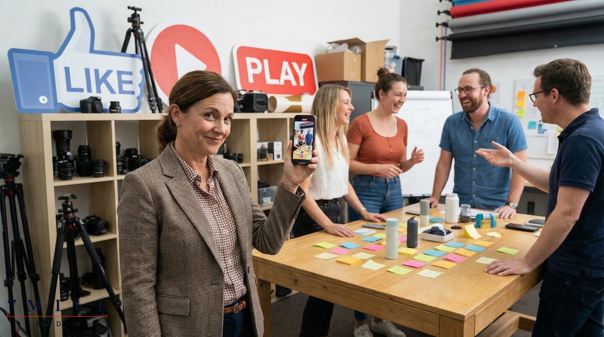 Businesswoman capturing a dynamic, collaborative team creating social media content in a creative workspace.