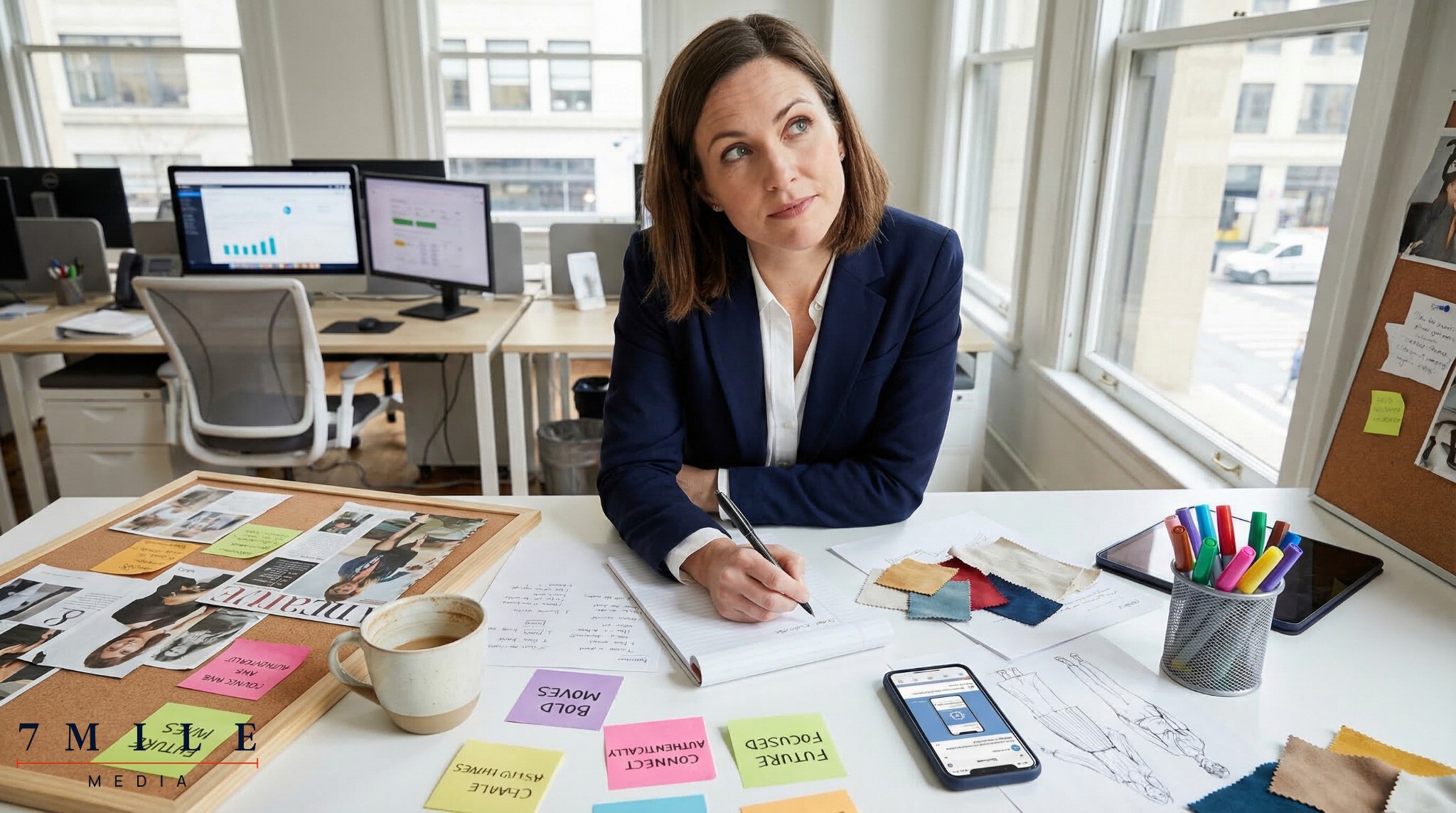 Business professional strategizing digital ad copy in a creative workspace with notes, headlines, and digital marketing tools.