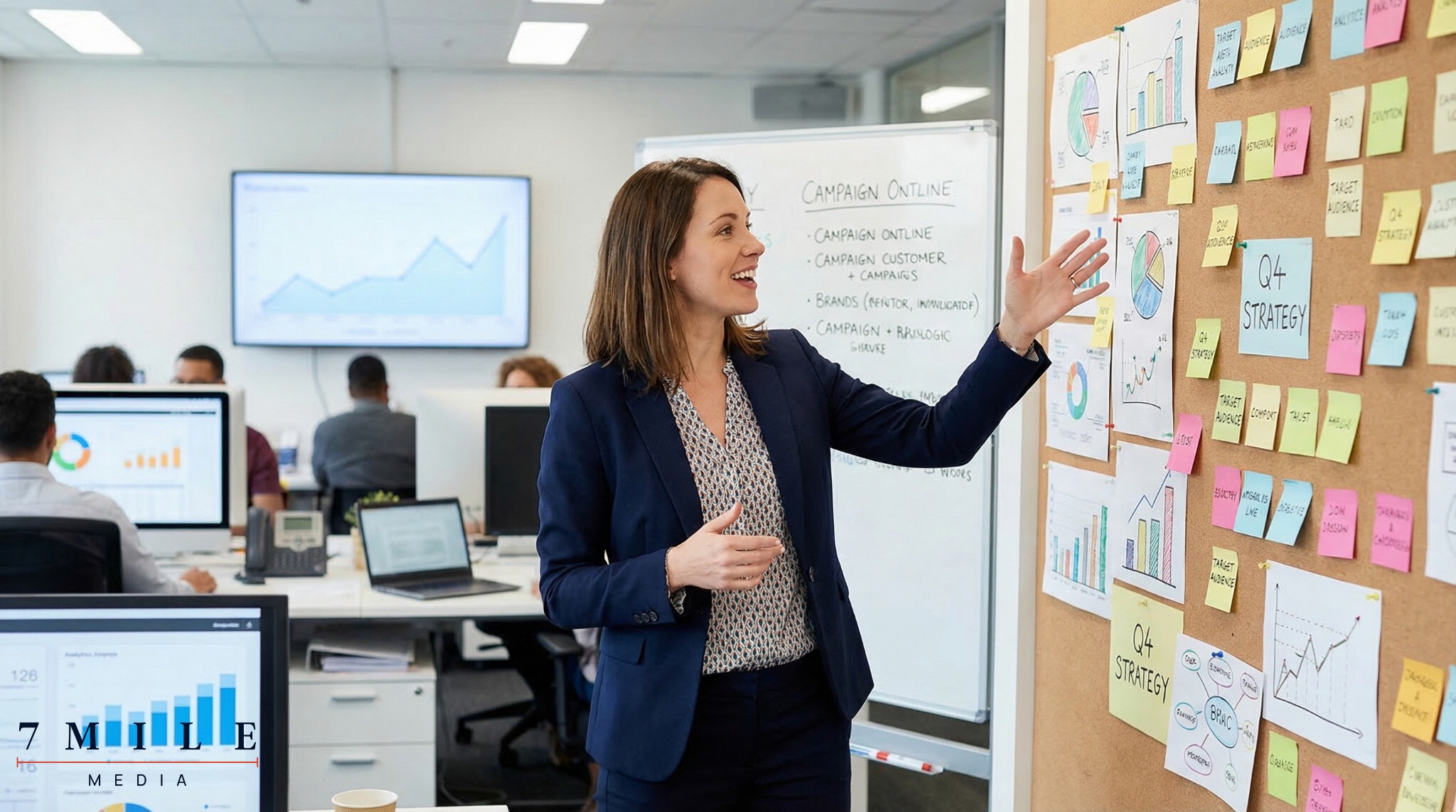 Female marketer in business attire creatively planning digital marketing campaigns with storyboards and analytics in a vibrant workspace