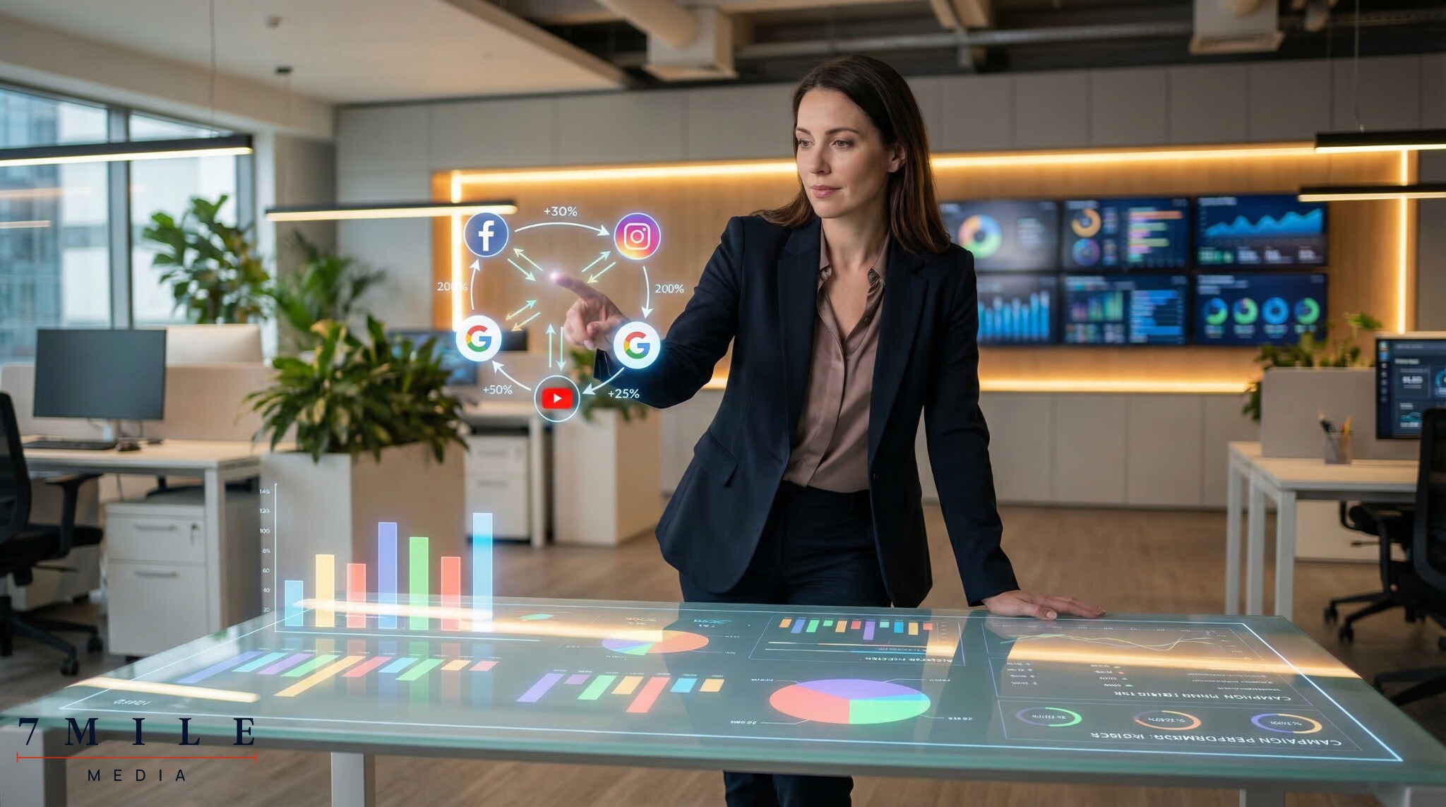 Business professional presenting data-driven lead generation strategies with analytics dashboards and social media icons