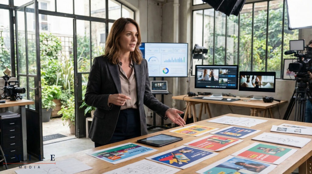 Businesswoman reviewing marketing campaign materials in a creative workspace, symbolizing data-driven marketing strategy development
