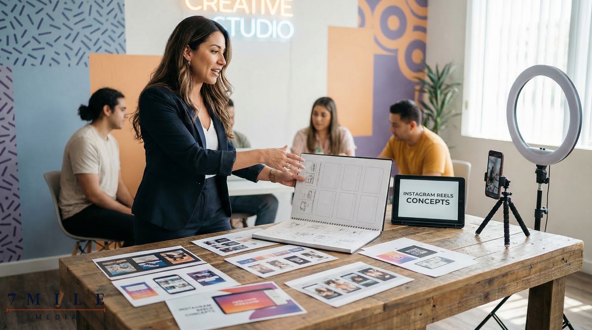 Female digital marketer presenting Instagram Reels storyboard and branded content in a creative studio workspace