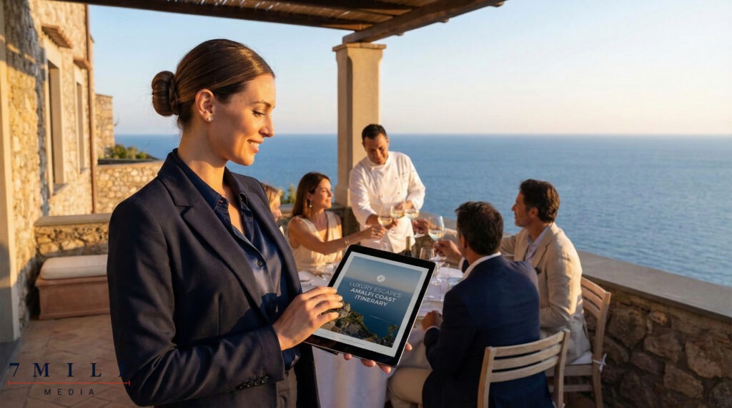 Luxury travel marketer reviews itinerary on tablet at exclusive oceanfront villa with guests enjoying private culinary experience