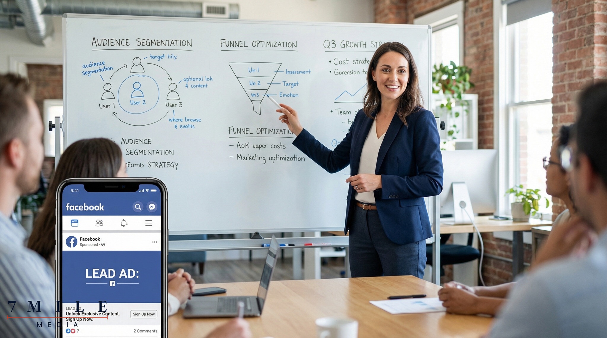 Businesswoman in a creative workspace presenting Facebook Lead Ad strategy with flowcharts and a smartphone mockup.