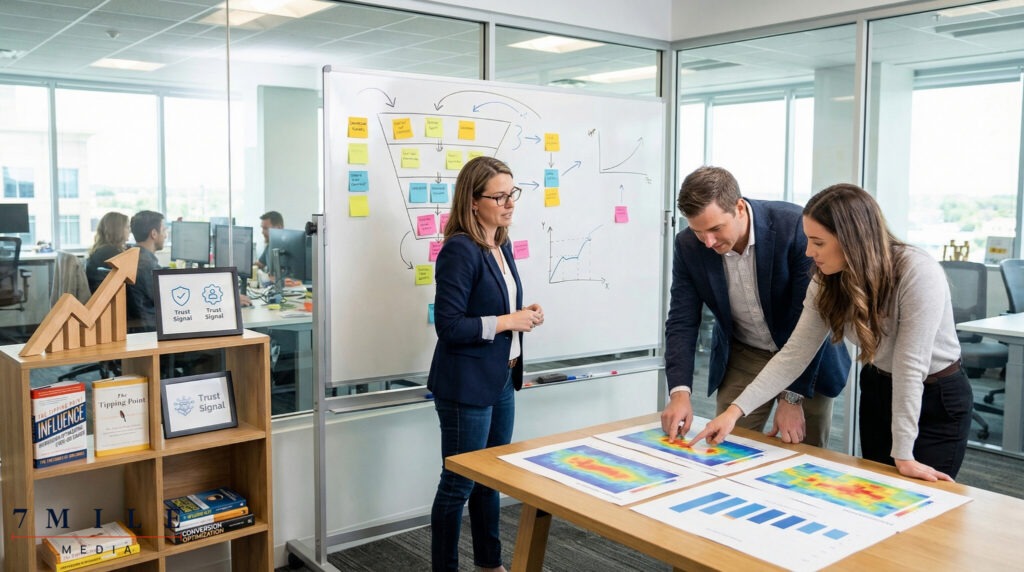 Marketing team in a glass-walled meeting room collaborating on conversion optimization strategies with heatmaps and a conversion funnel diagram.