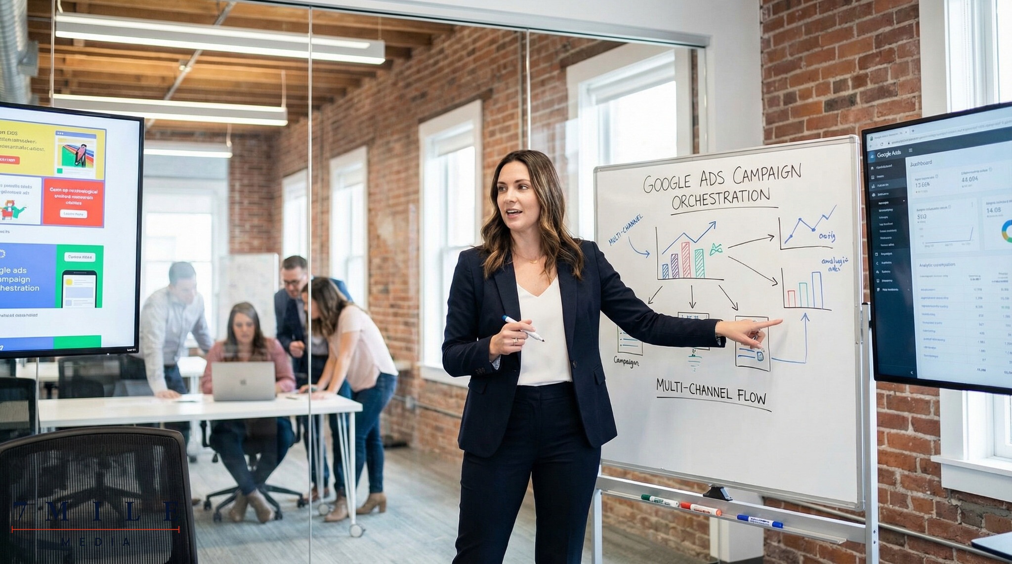 Confident businesswoman strategizing Google Ads campaign management with creative assets and performance charts in a modern workspace