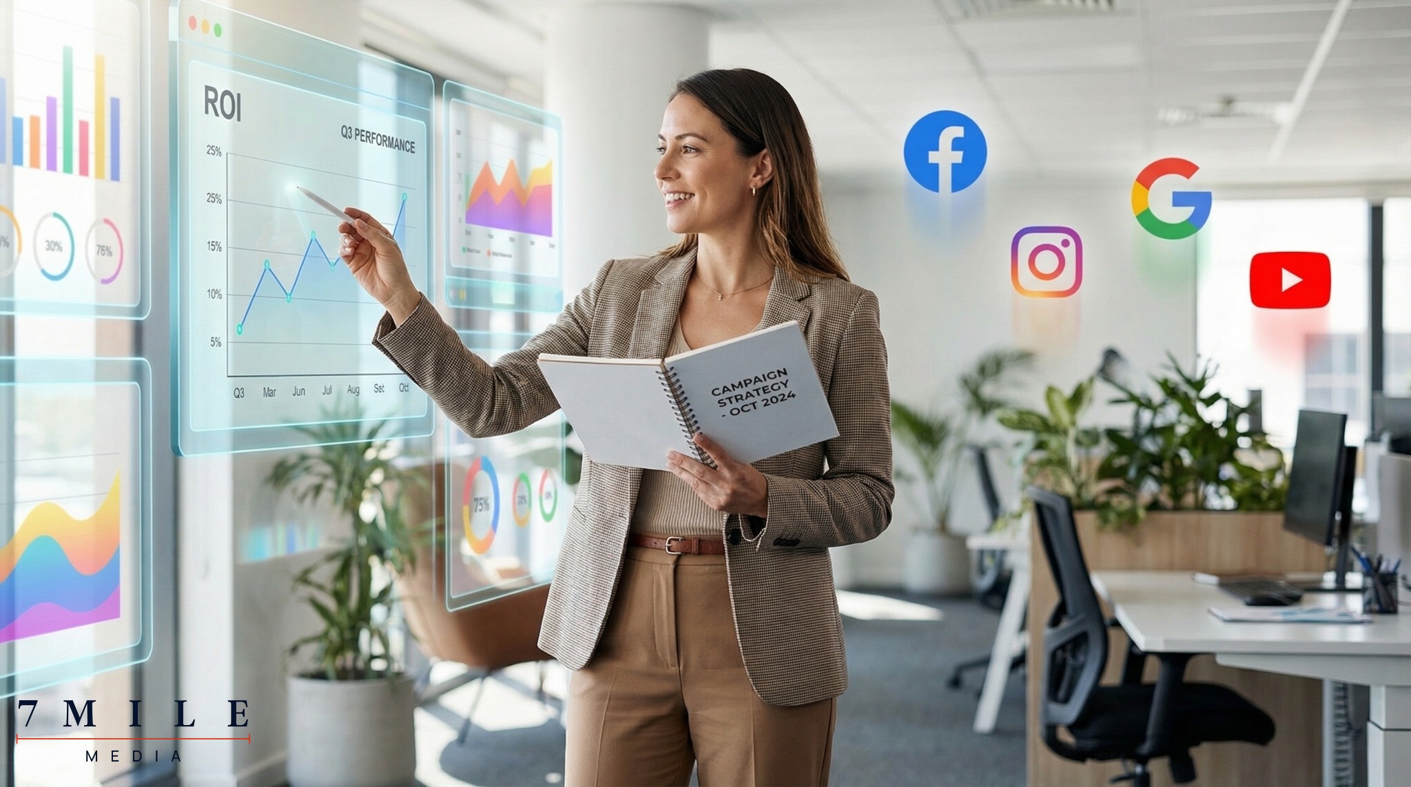 Business professional strategizing direct response marketing campaigns with digital dashboards for Facebook, Instagram, Google, and YouTube in a creative workspace.
