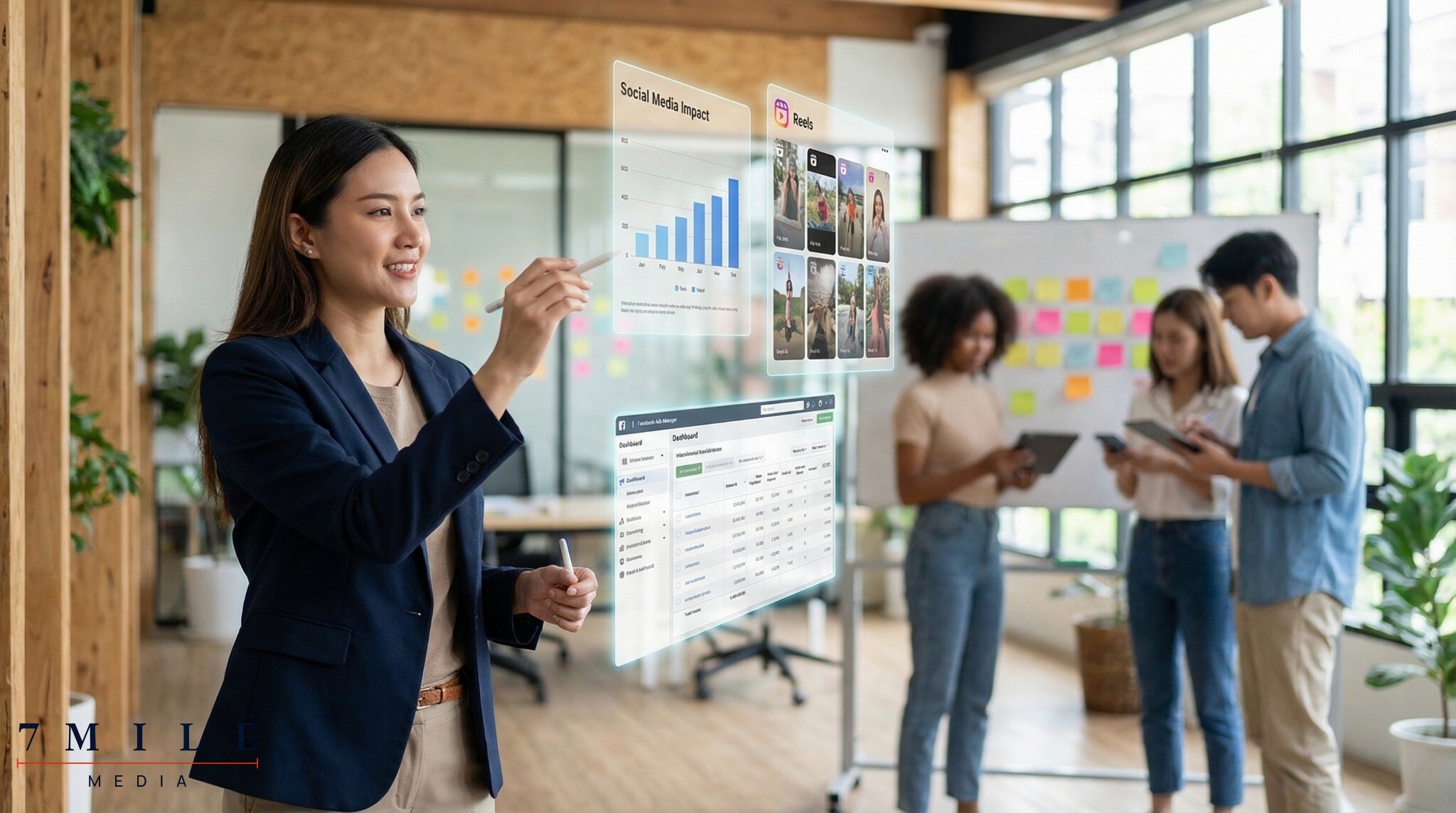 Businesswoman analyzing social media marketing analytics on transparent digital screens in a collaborative workspace, symbolizing data-driven campaign scaling.