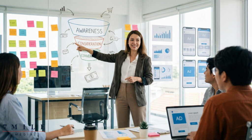 Female marketer planning Facebook ad funnel stages on a glass wall with diagrams and creative ads in a modern workspace