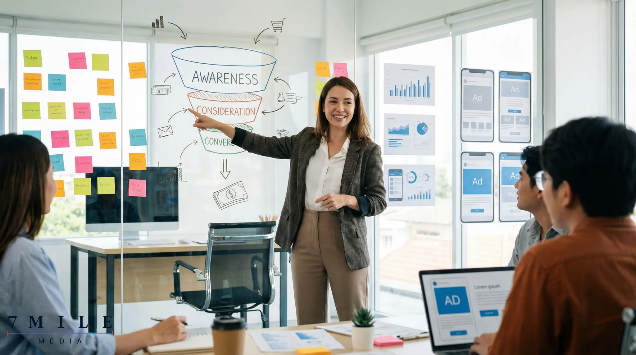 Female marketer planning Facebook ad funnel stages on a glass wall with diagrams and creative ads in a modern workspace
