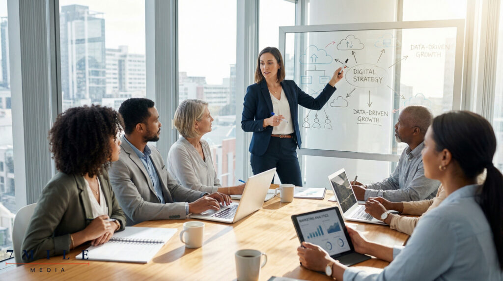 Businesswoman leading a diverse marketing team in a modern office, illustrating data-driven digital strategy and collaboration.