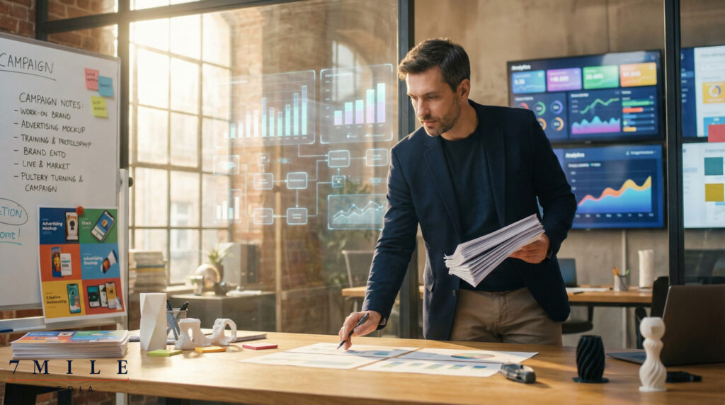 Business professional analyzing campaign reports in a creative marketing workspace with data visualizations and analytics dashboards.