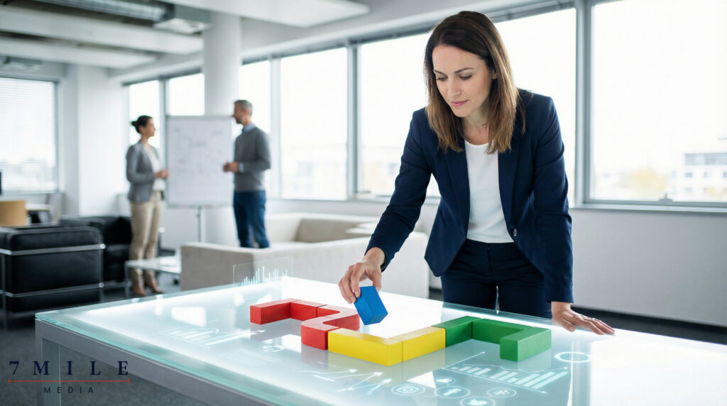 Businesswoman arranging symbolic colored blocks to represent funnel optimization in a modern marketing workspace