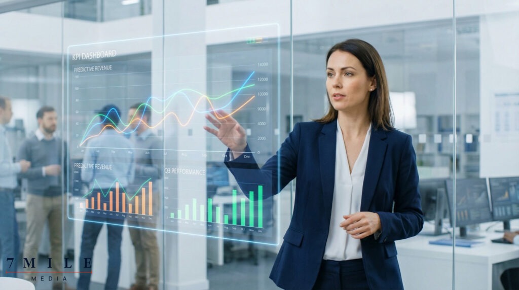 Business professional analyzing KPI dashboards and campaign metrics in a modern workspace