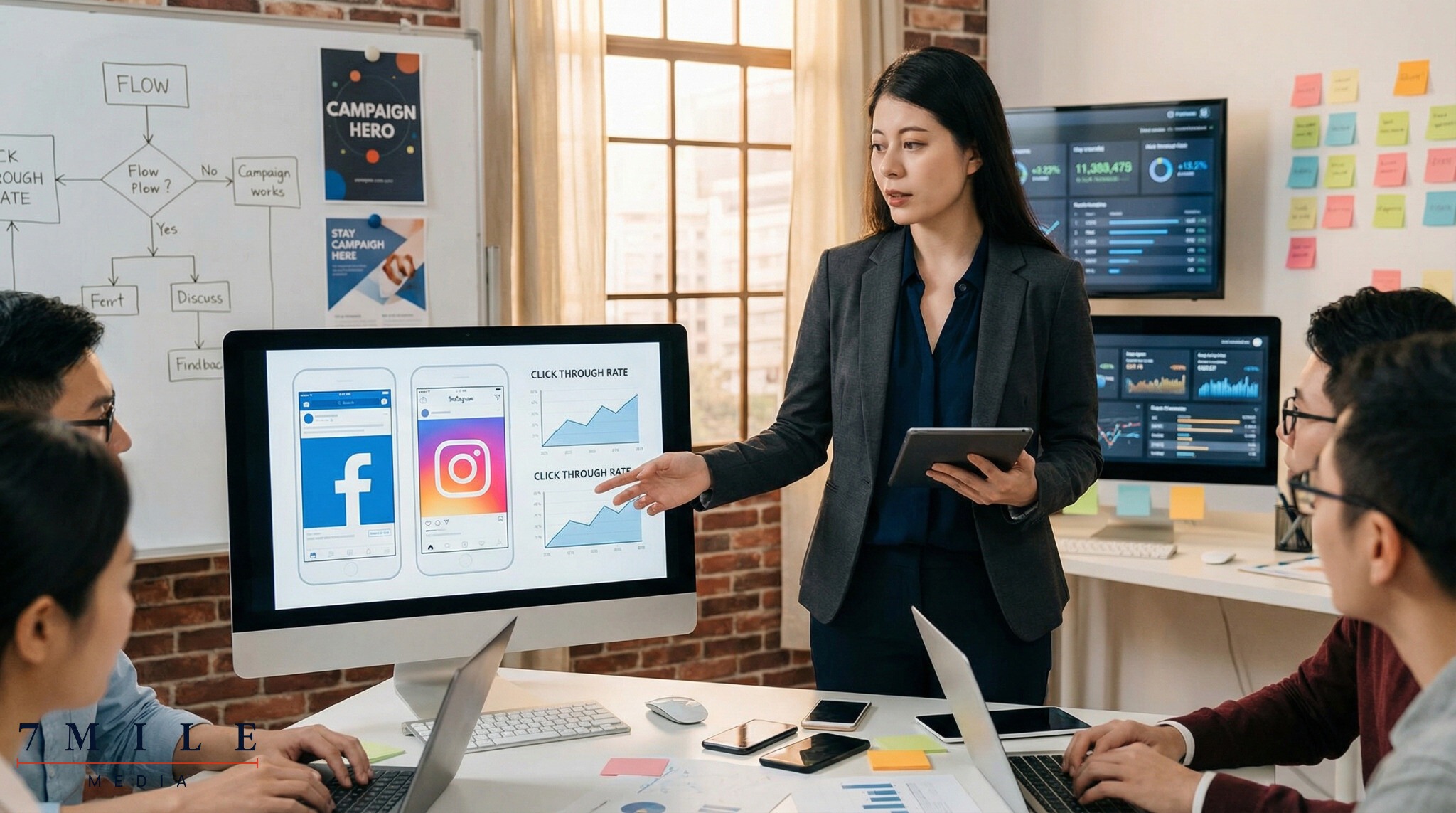 Businesswoman analyzing Facebook and Instagram ad performance in a modern creative marketing workspace