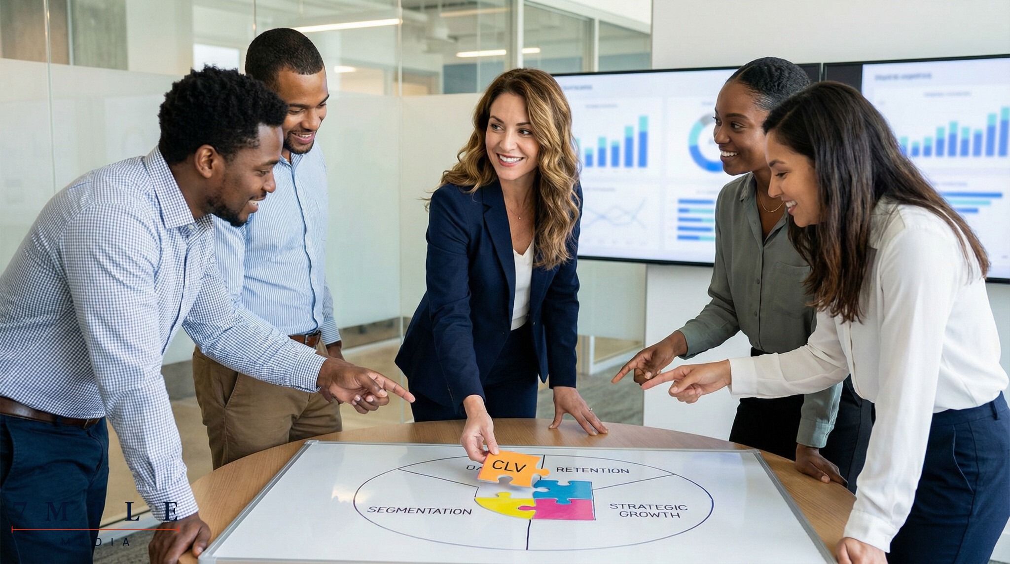 Businesswoman fitting a puzzle piece into a customer lifetime value diagram with team, symbolizing CLV optimization and strategic growth.