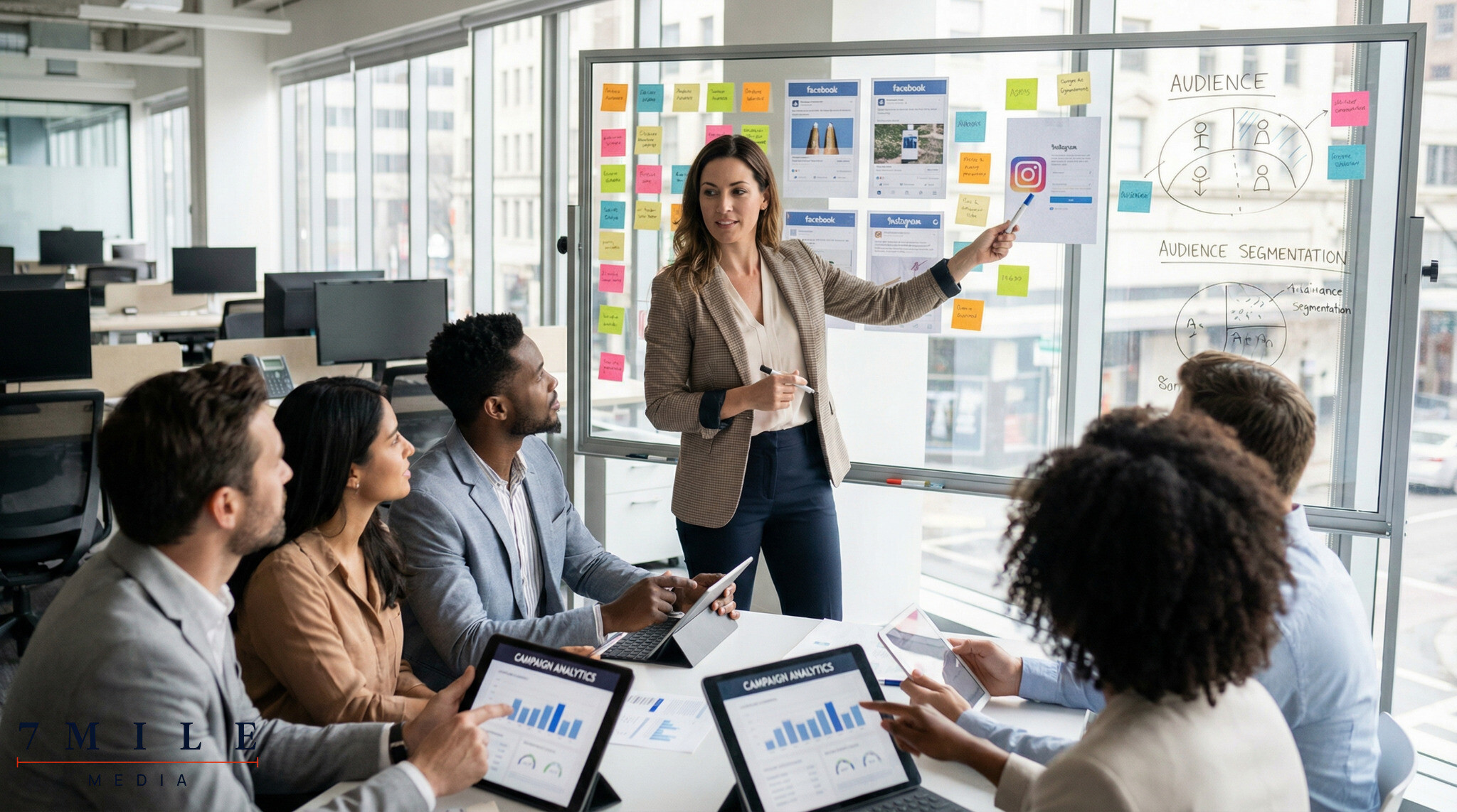 Business professional leading a Facebook and Instagram direct response advertising strategy session with creative assets, analytics, and team collaboration.