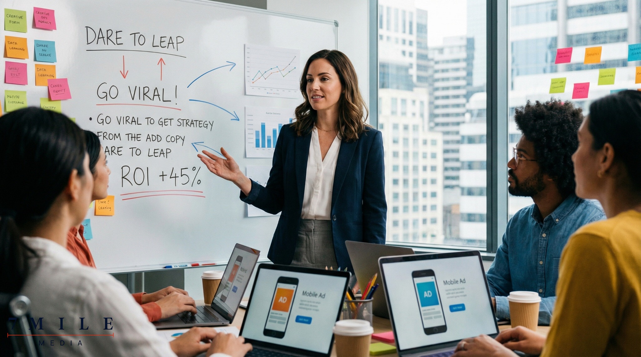 A businesswoman leads a creative team in developing ad copy, surrounded by campaign drafts and digital devices.