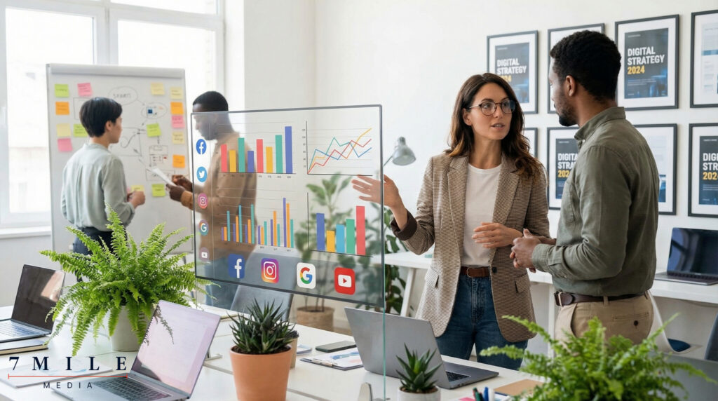 Business professional in a modern workspace reviewing live KPI dashboards related to multi-channel marketing performance, with team collaboration and data visuals in the background.