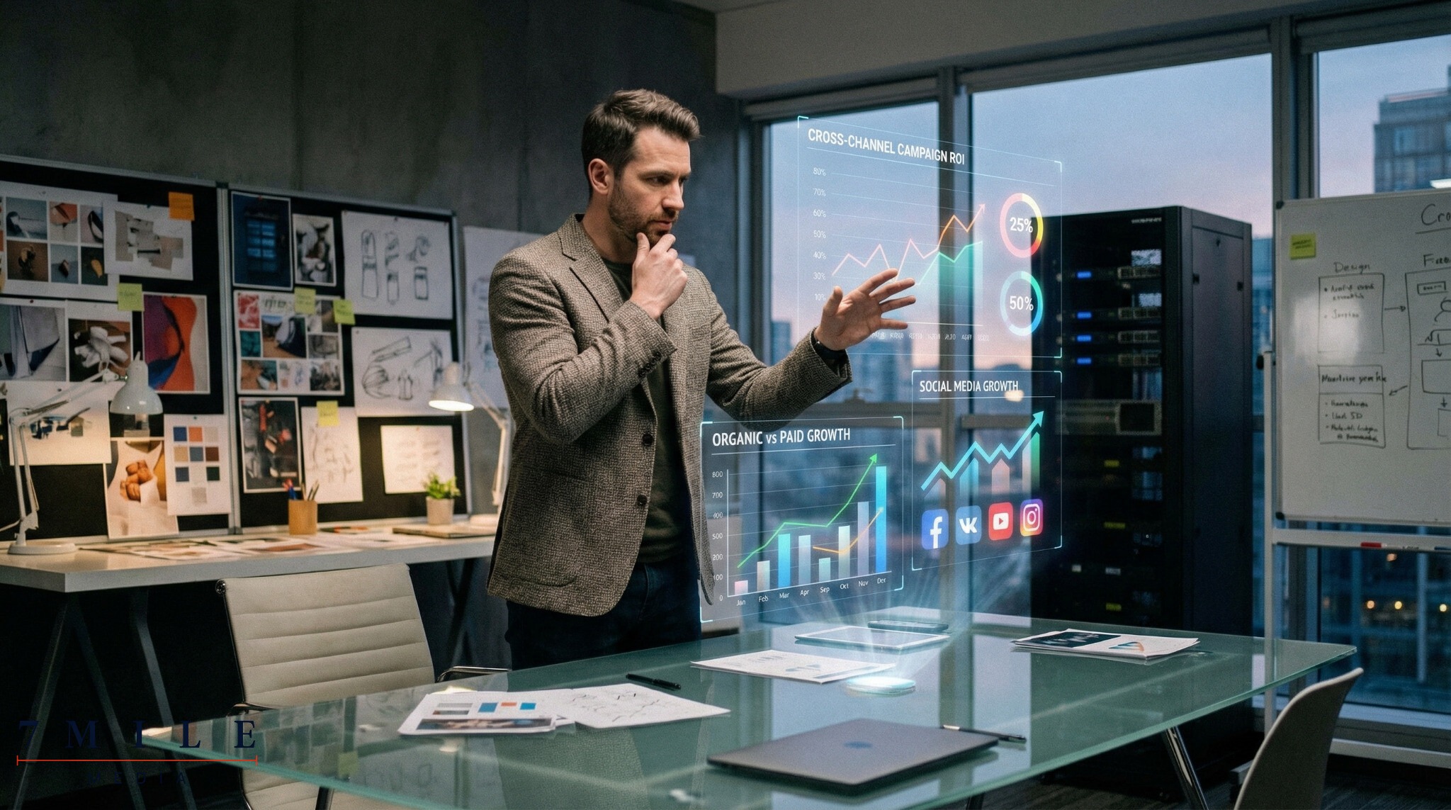 Business professional analyzing data-driven marketing metrics with dynamic cross-channel visualizations in a modern workspace.