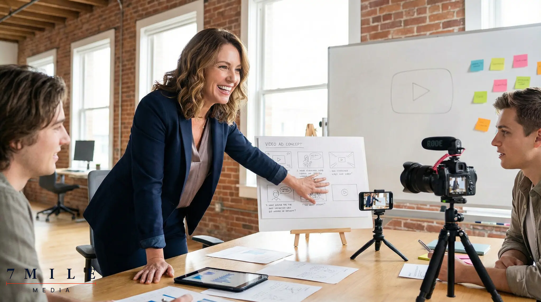 Marketing professional in business attire reviewing YouTube ad campaign storyboards and data charts at a creative workspace.