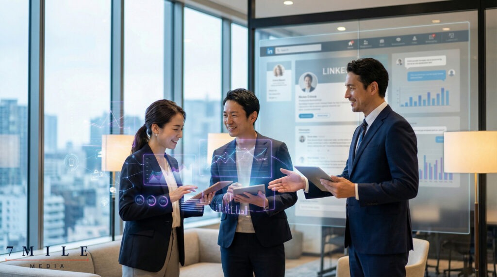Business professional discussing AI-driven lead generation strategies with another executive, surrounded by digital marketing icons and platform visuals in a modern office.