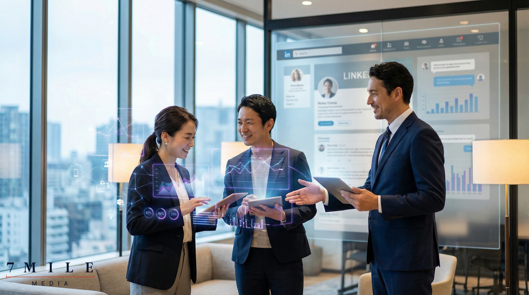 Business professional discussing AI-driven lead generation strategies with another executive, surrounded by digital marketing icons and platform visuals in a modern office.