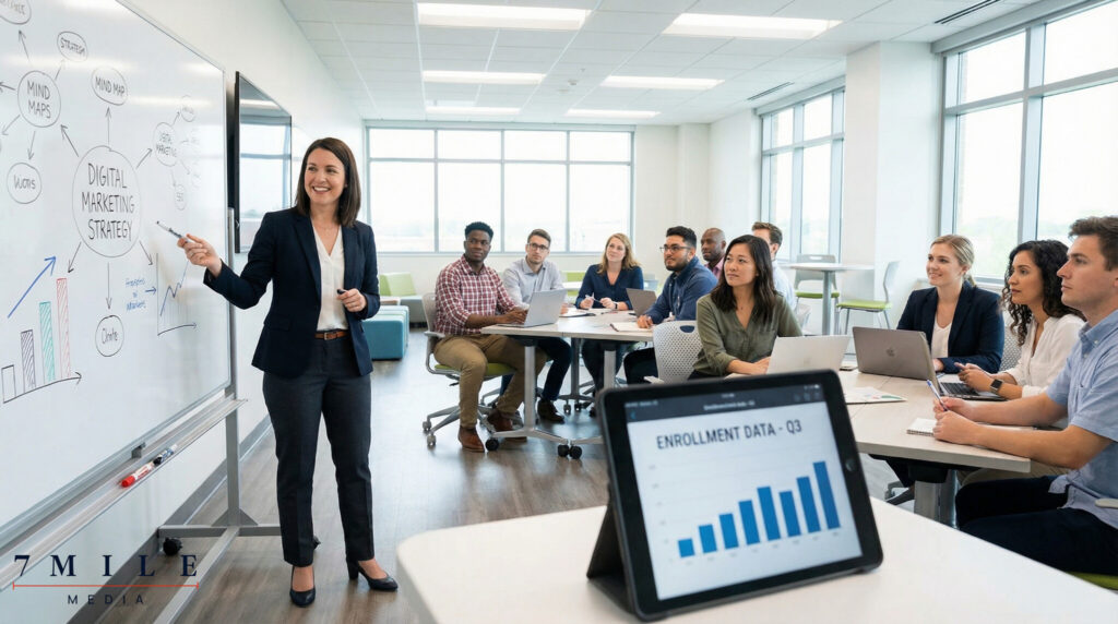Digital marketing strategist leading an interactive education sector workshop on enrollment growth.