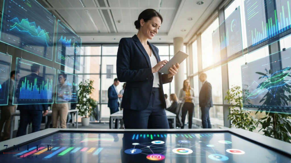 Businesswoman analyzes multi-channel marketing attribution data on futuristic dashboard with platform icons in a modern workspace.