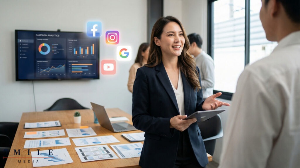 Professional businesswoman in a creative workspace surrounded by campaign reports and digital analytics, reviewing data for cross-platform marketing strategy.