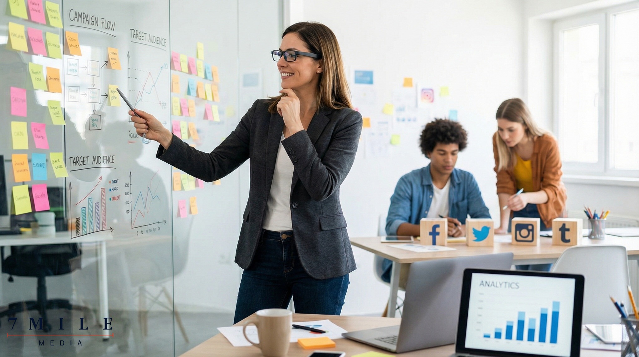 Businesswoman planning digital advertising strategies at a creative workspace with campaign notes and data dashboards.