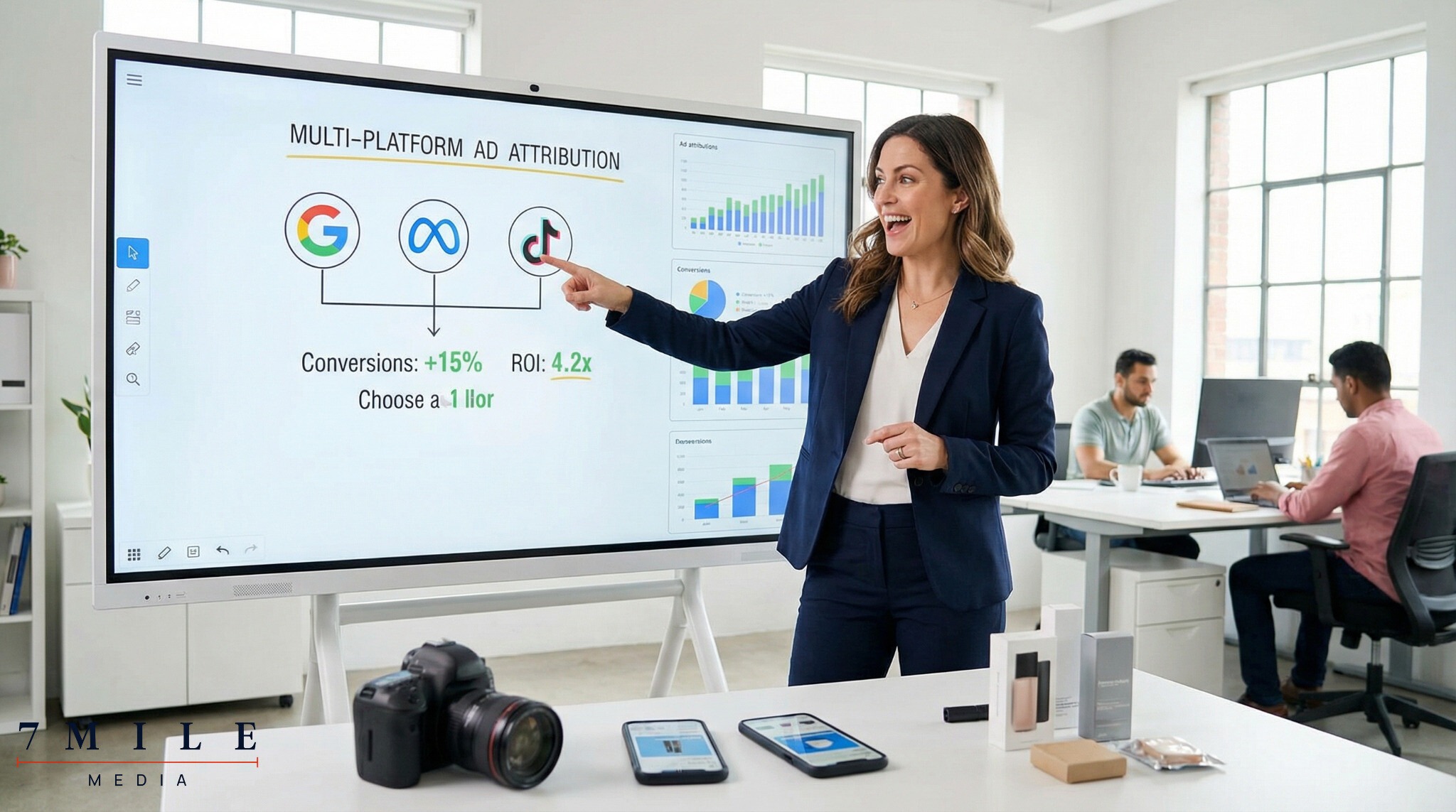 Businesswoman analyzing marketing data and campaign charts at a creative workspace