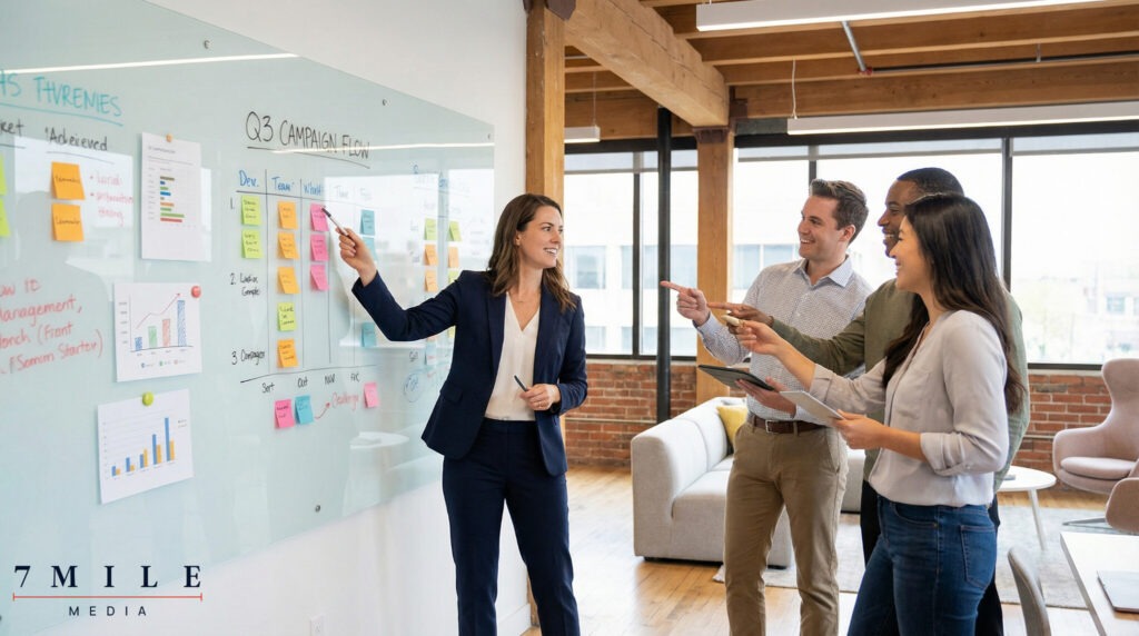 A professional woman leads a performance marketing strategy session with a team, analyzing creative ads and campaign scaling on a glass board.