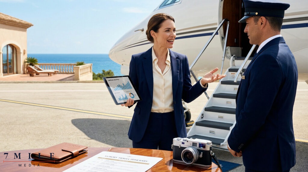 Businesswoman in luxury travel setting reviewing digital marketing analytics with concierge, symbolizing data-driven campaign strategy for high-end travel.