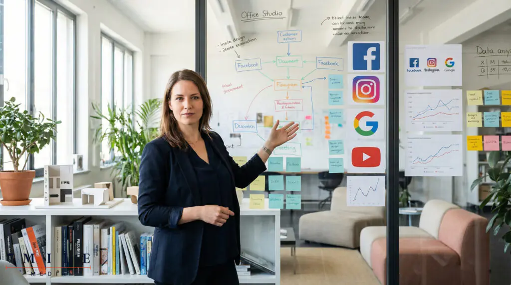 Professional woman in business attire presenting creative marketing strategies with analytics graphs and platform logos in a modern agency workspace.