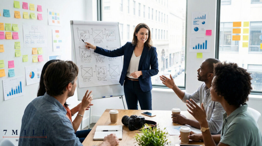Businesswoman leading a creative marketing strategy session with a team, surrounded by campaign charts and creative tools.