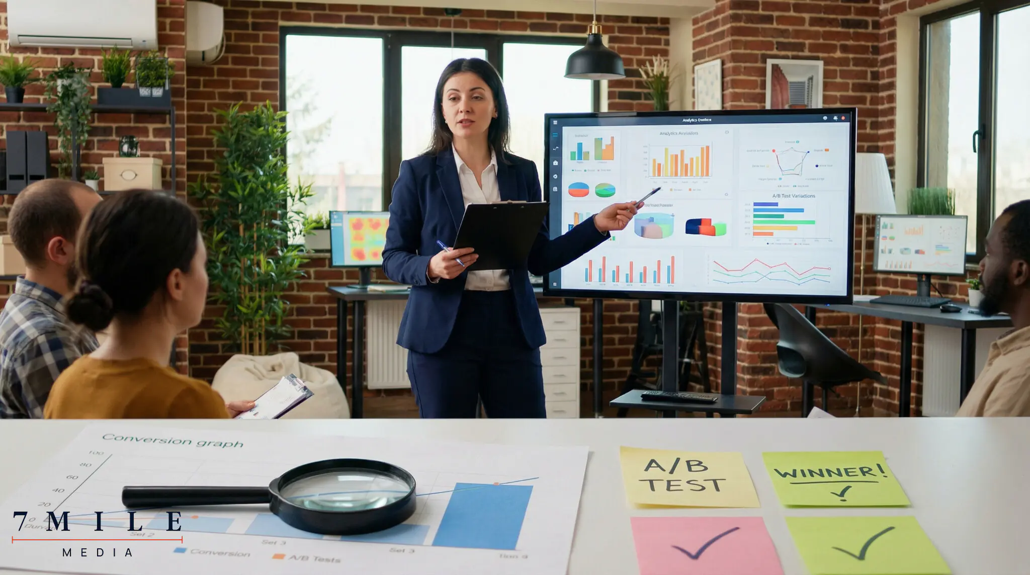 Agency professional presenting conversion rate optimization results in a creative workspace with analytics dashboards